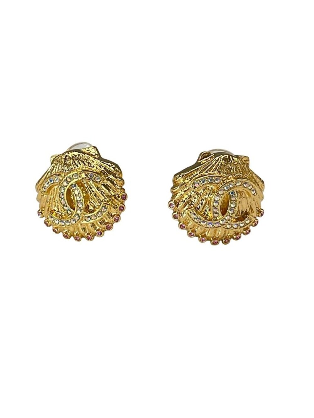 Chanel Earrings CC Logo Gold Clear Pink Shell